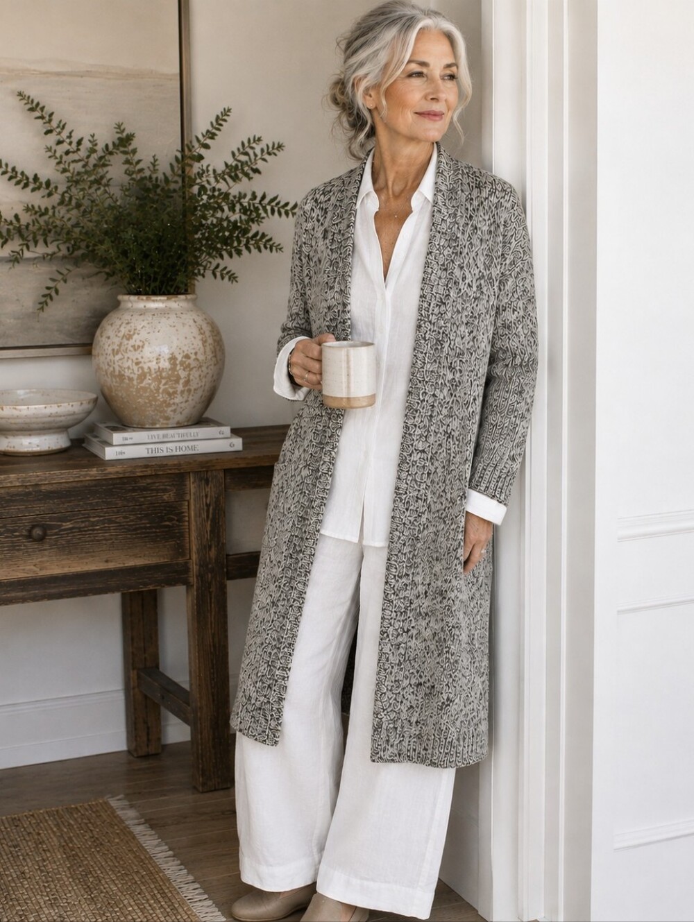 PURE JILL MARLED OPEN FRONT LONG CARDIGAN SWEATER GRAY BLACK SZ L